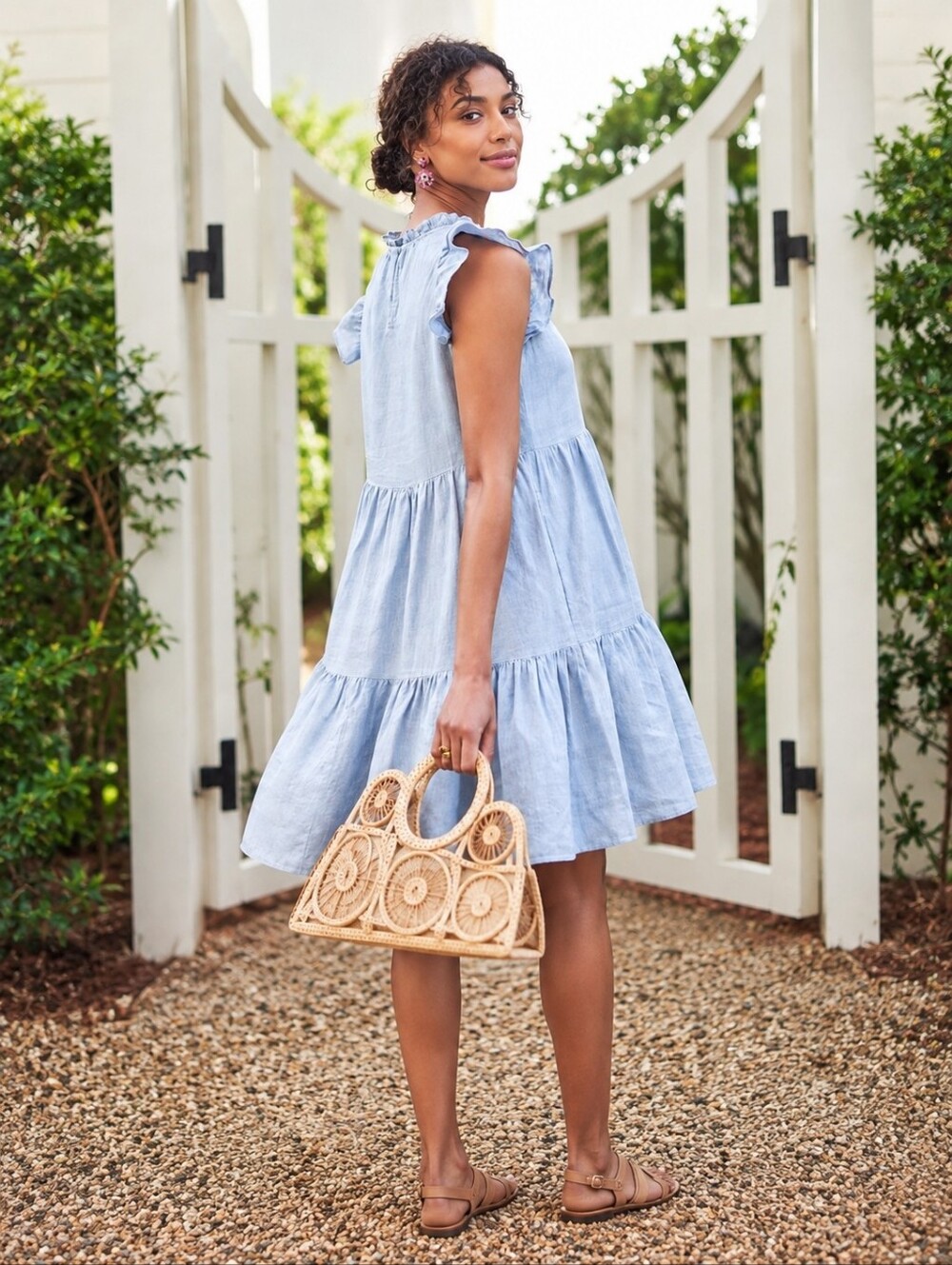 LAKE Helen 100% Linen Tiered Ruffle Mini Dress Light Blue Size XS